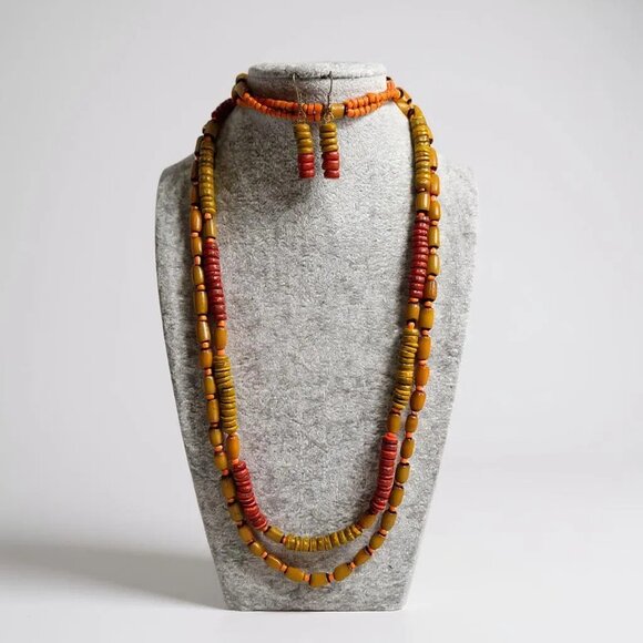 Two Layers Multi Yellow And Orange Coco Bead Long Necklace Earring Set - Picture 1 of 2